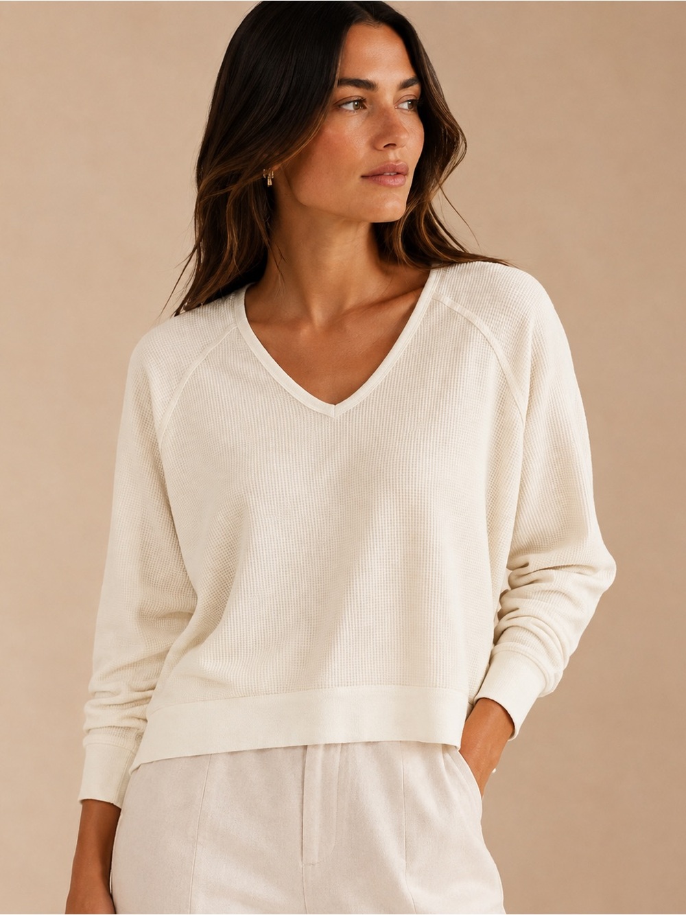 Free People Cream V-Neck Waffle Knit Pullover